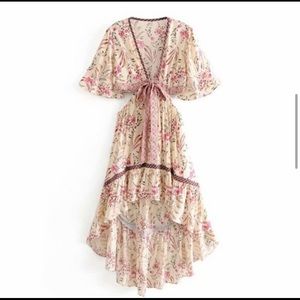 Dresses - Boho Floral Print Deep V Tie High/Low Dress Dresses - Boho Floral Print Deep V Tie High/Low Dress
